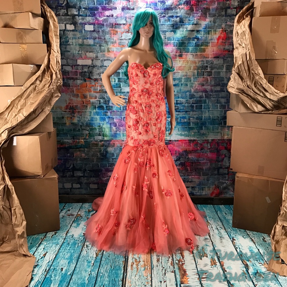 Jovani Coral Pink Floral Appliqué Mermaid Prom Dress